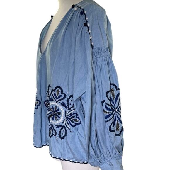 ZARA Blue Embroidered Boho Peasant Top M Lyocell Pom Pom Festival Folkk - Picture 11 of 11